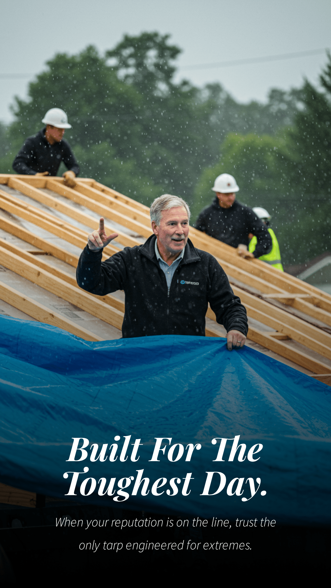 Construction workers covering wooden roof framing with blue heavy duty tarp in rainy weather
