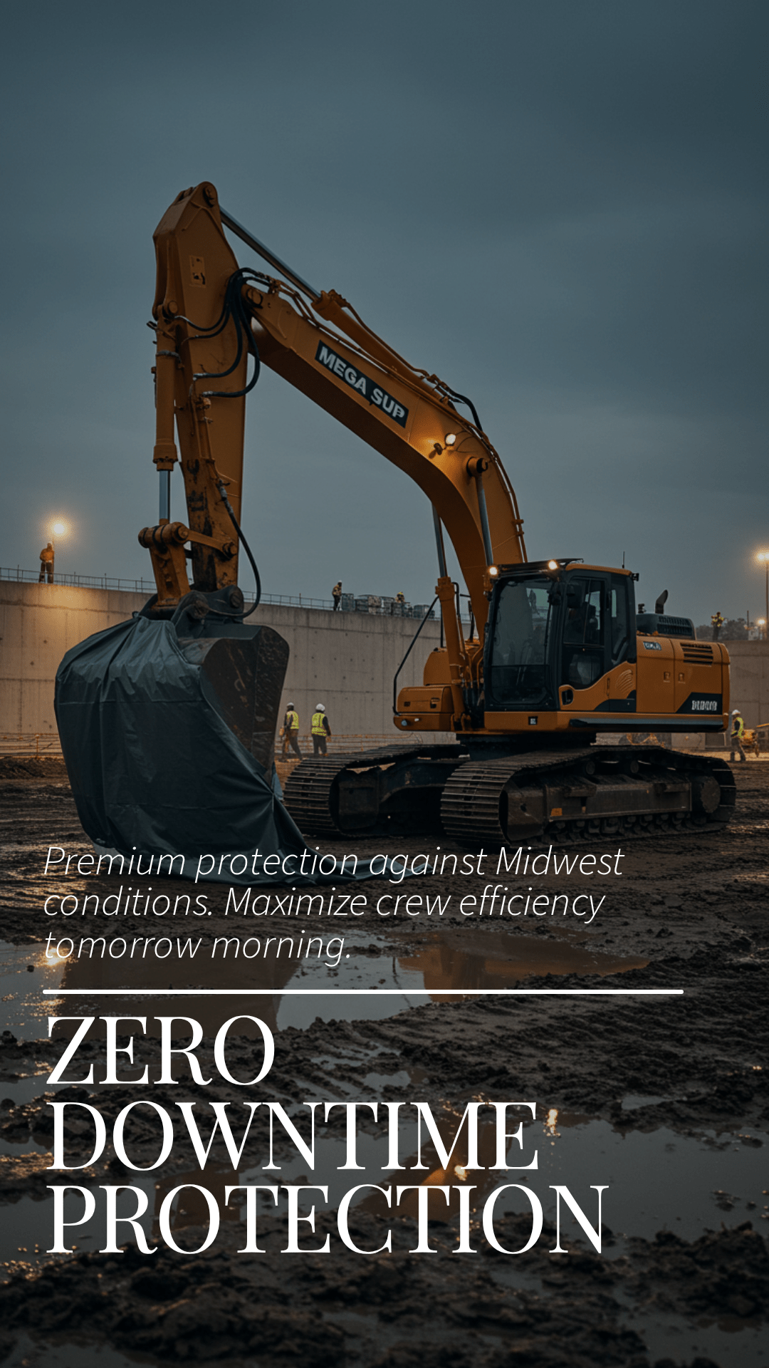 Heavy-duty excavator with covered bucket at muddy industrial construction site during dusk