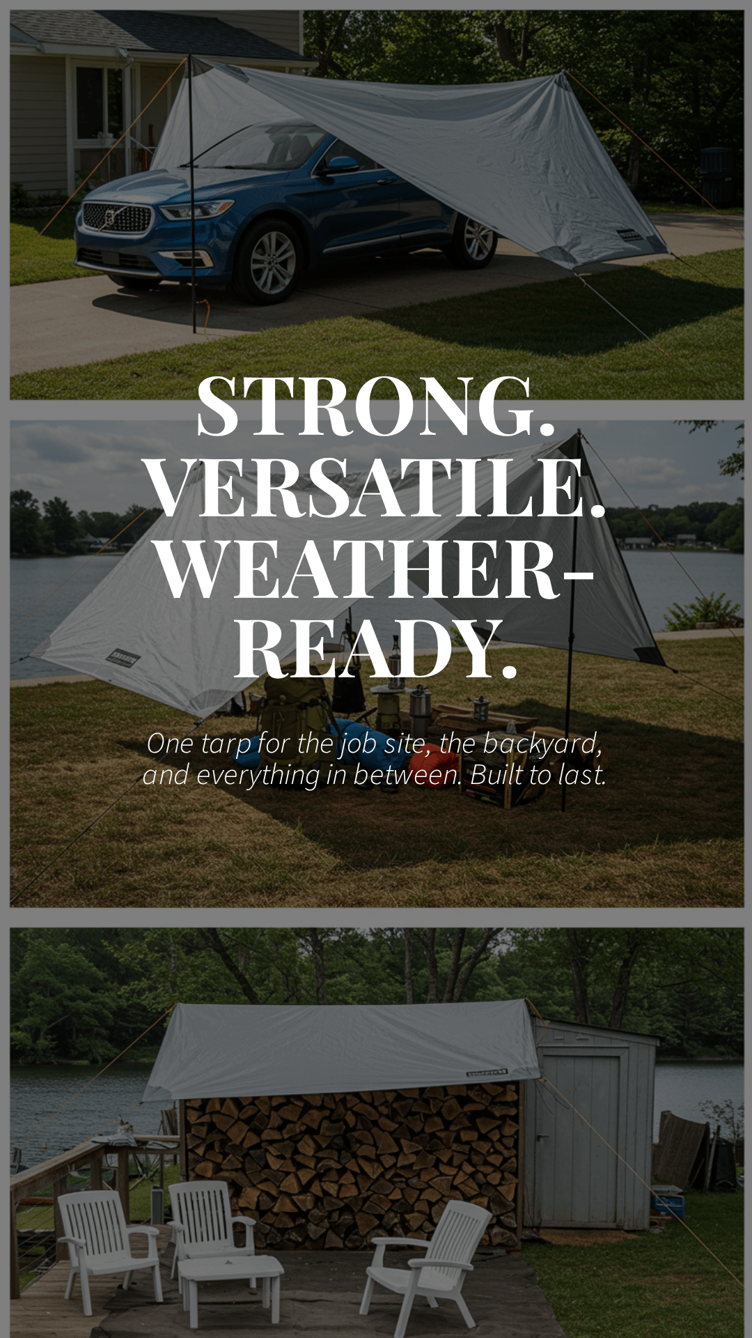Multi-purpose gray tarps used as car shade, outdoor shelter by lake, and firewood cover outdoors