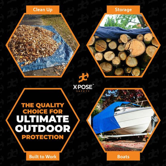 Blue multi-purpose tarp used for leaf cleanup, firewood storage, and boat covering, outdoor protection