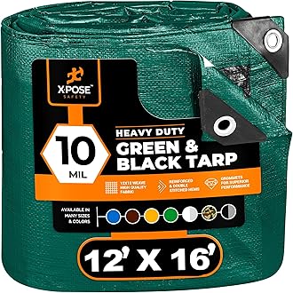 12x16 ft heavy duty green and black poly tarp with 10 mil thickness and reinforced corners