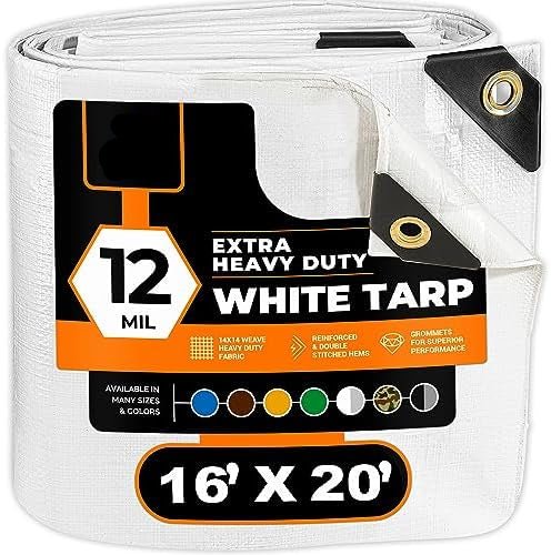 Folded white 16x20 extra heavy duty 12 mil tarp with reinforced hems and metal grommets