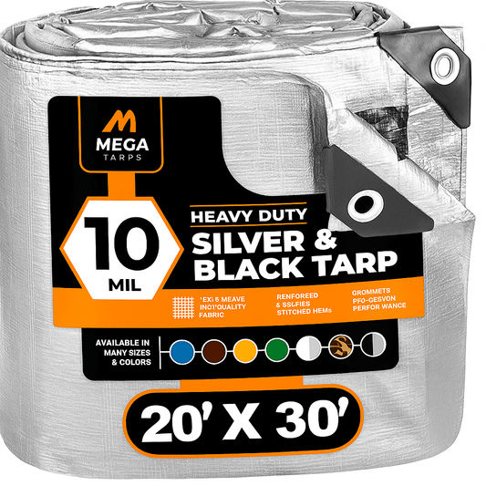 Heavy duty 10 mil silver and black tarp Mega Tarps 20x30 feet with reinforced stitched hems and grommets