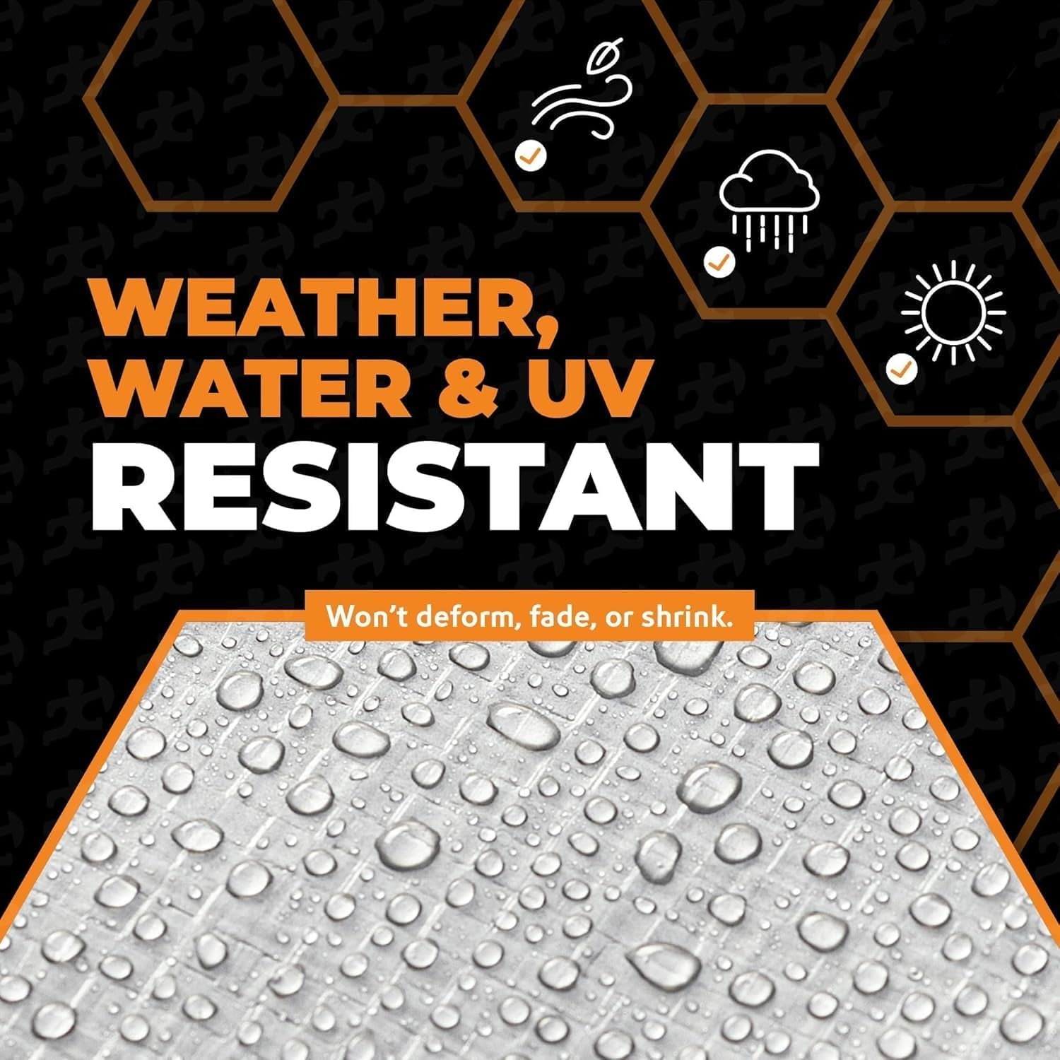 Close-up of waterproof fabric with water droplets, highlighting weather, water, and UV resistance