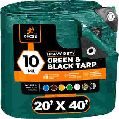 Heavy duty 10 mil green and black tarp 20x40 feet folded with corner grommets for construction use