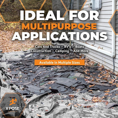 X-POSE heavy duty poly tarp on ground with fallen leaves, ideal for multipurpose applications