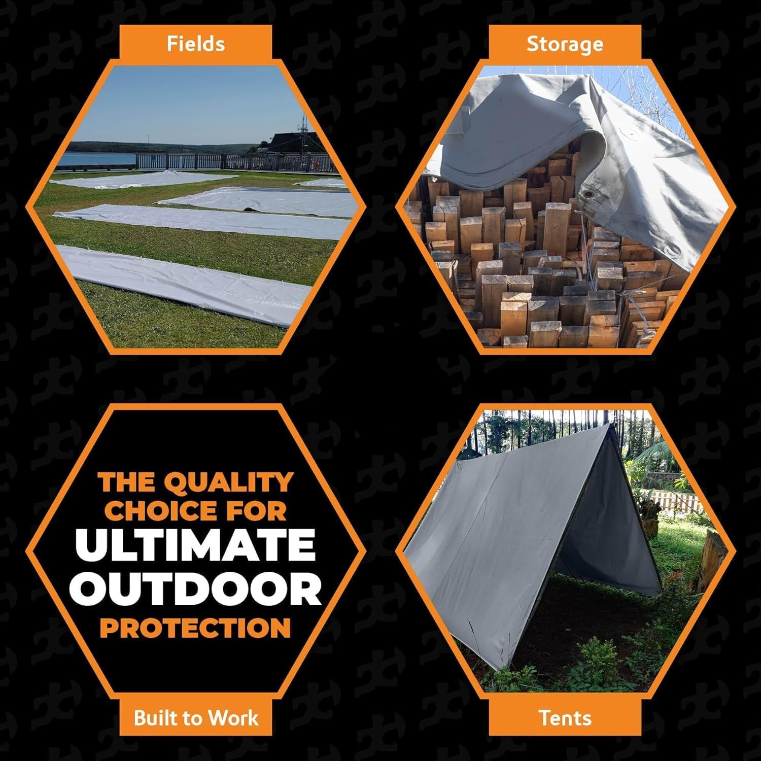 Heavy-duty poly tarps used for fields, wood storage, and tents, showcasing outdoor protection