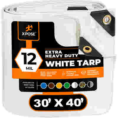 30x40 feet extra heavy duty 12 mil white tarp by XPOSE with grommets on folded material