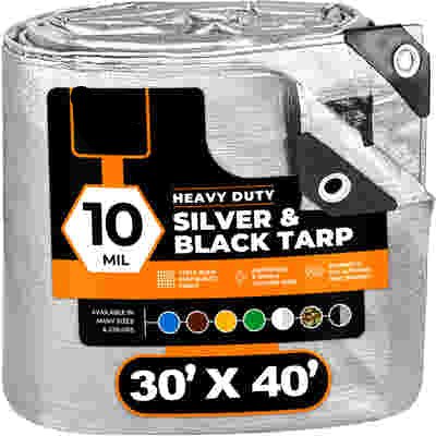 30 x 40 heavy duty 10 mil silver and black poly tarp with reinforced corners and metal grommets