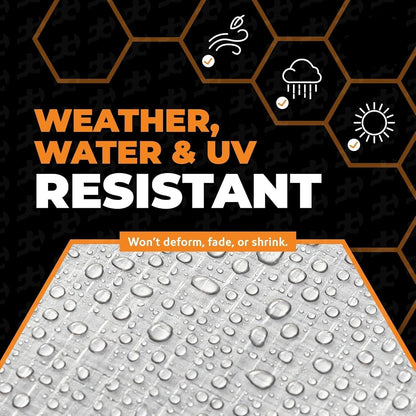Water droplets on heavy-duty tarp highlighting weather, water, and UV resistance features