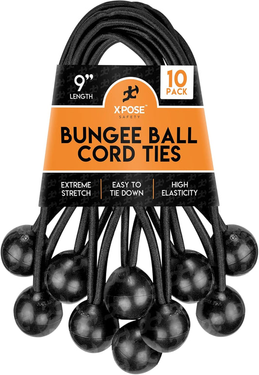X-POSE Safety 9-inch bungee ball cord ties 10 pack with extreme stretch and high elasticity